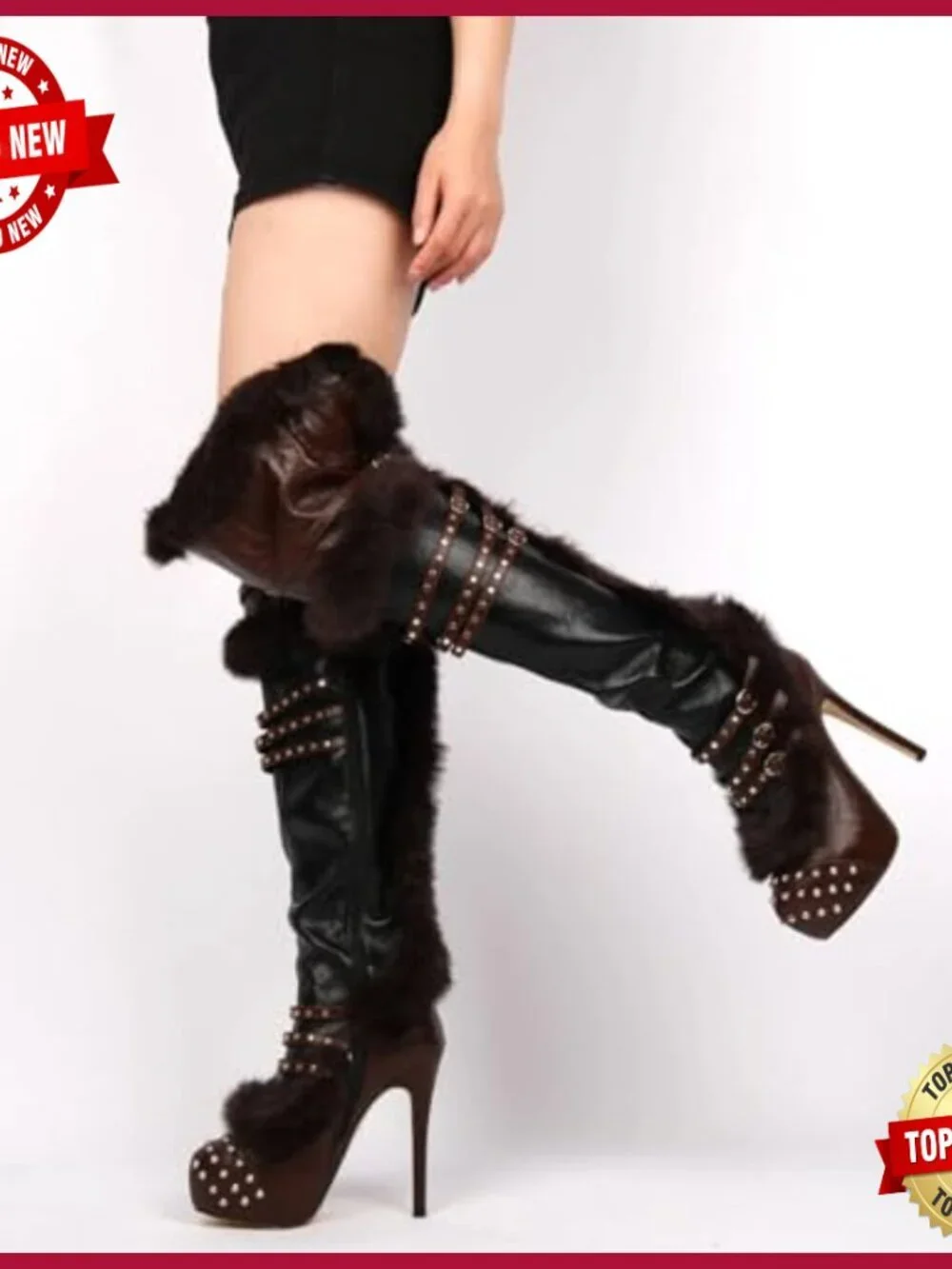 Platform Thigh High Boots Studded Faux Fur Buckles Stilettos High Heels